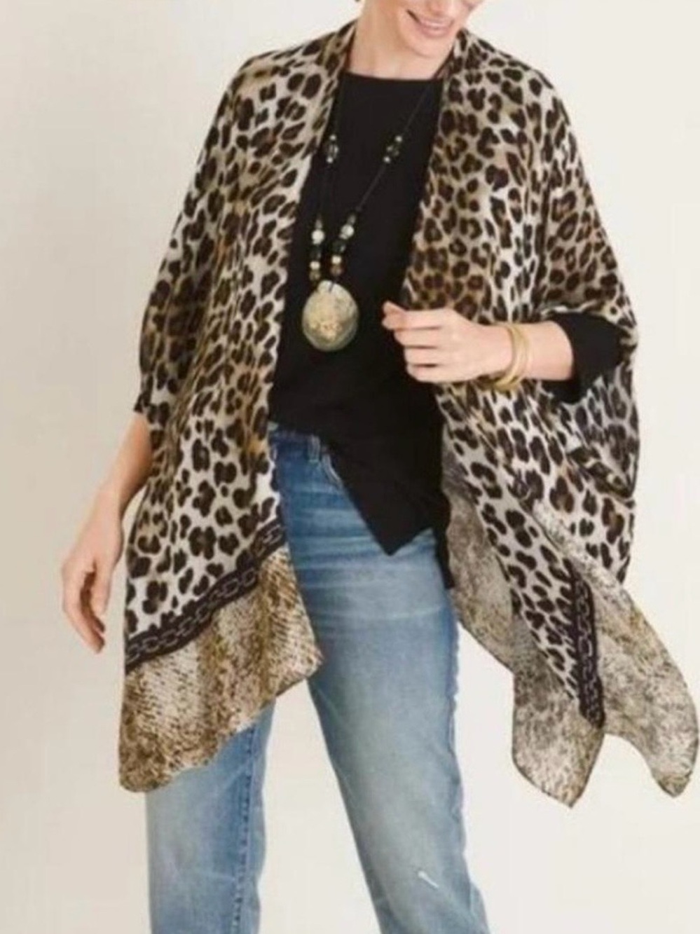 Chico’s Animal Print Leopard Fusion Ruana Wrap Kimono Duster One Size
